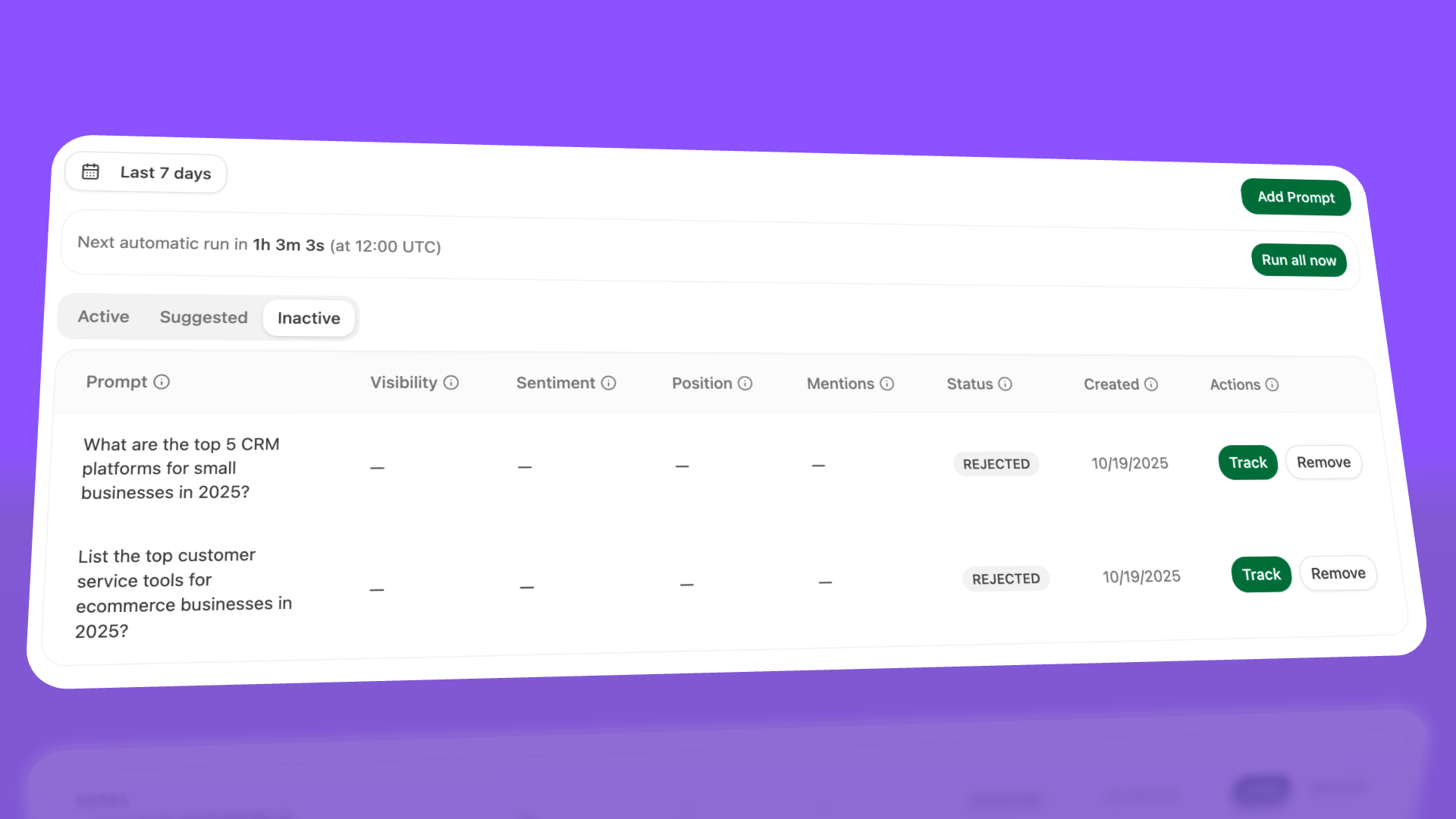 Prompt management interface showing how to deactivate low-value prompts to maintain focus.